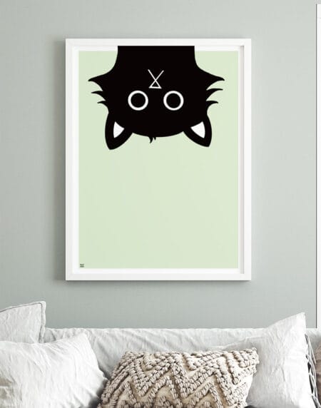 digital illustration of a black cat peering in from the top, on a mint background