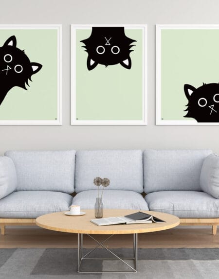 digital illustration triptych of three black cats peering in from the edges, on a mint background