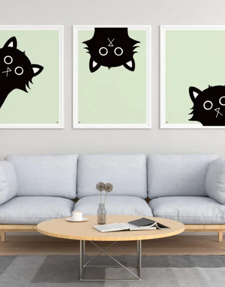 digital illustration triptych of three black cats peering in from the edges, on a mint background