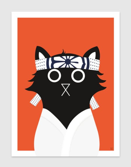 tongue in cheek vector illustration of a cat depicted as Daniel from Karate Kid, in orange, black and white