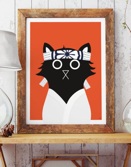 tongue in cheek illustration of a cat depicted as Daniel from Karate Kid, in orange, black and white