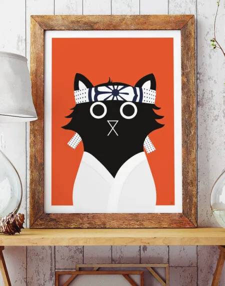 tongue in cheek illustration of a cat depicted as Daniel from Karate Kid, in orange, black and white