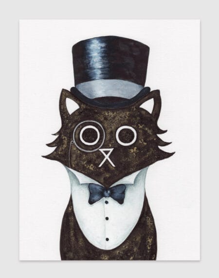 a salt and ink illustrated cat wearing a top hat and bow tie with a monocle