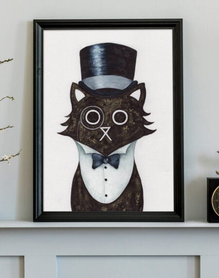 a salt and ink illustrated cat wearing a top hat and bow tie with a monocle