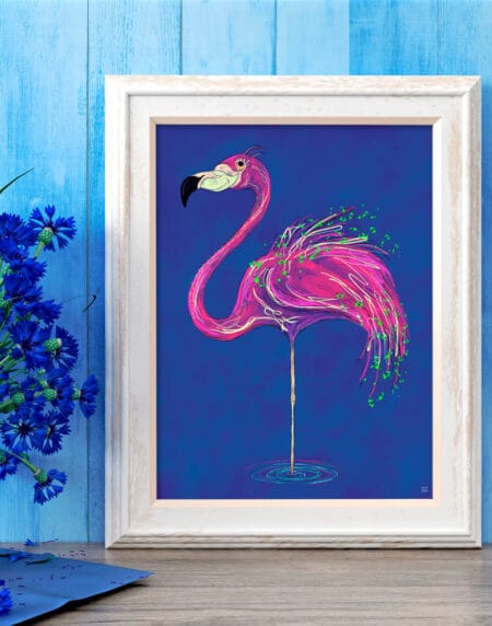 a digital sketch of a brightly coloured flamingo in pinks, purples and greens on a dark mottled background