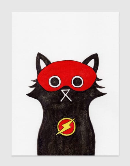 hand-drawn salt and ink illustration print, depicting a cute cat with the Flash mask and symbol on his chest