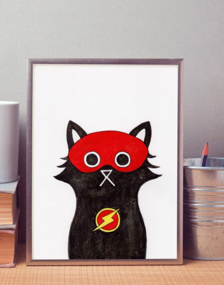 hand-drawn salt and ink illustration print, depicting a cute cat with the Flash mask and symbol on his chest