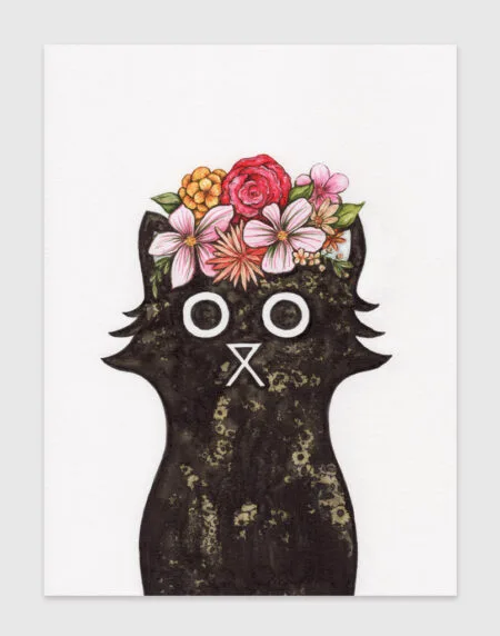 a salt and ink illustrated cat wearing a flower based hat