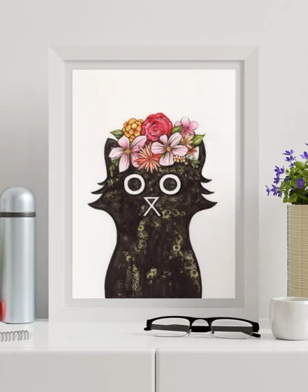 a salt and ink illustrated cat wearing a flower based hat