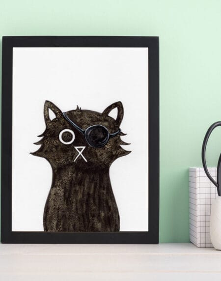 hand-drawn salt and ink illustration print, depicting a cute cat with the Avengers Nick Fury eye patch