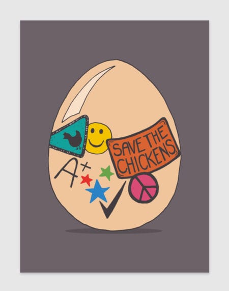 a hand-drawn egg illustration print, featuring an egg with badges and stickers on it