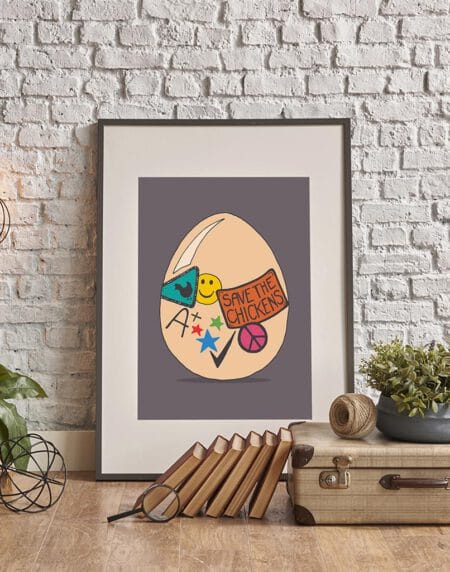 a hand-drawn egg illustration print, featuring an egg with badges and stickers on it