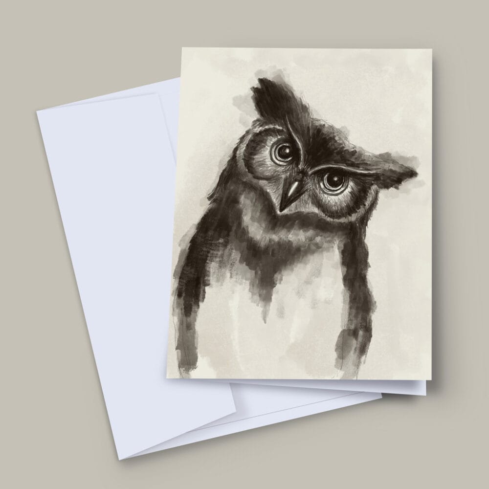 a hand-illustrated image of an owl tilting to the right, done in neutral greys and beiges