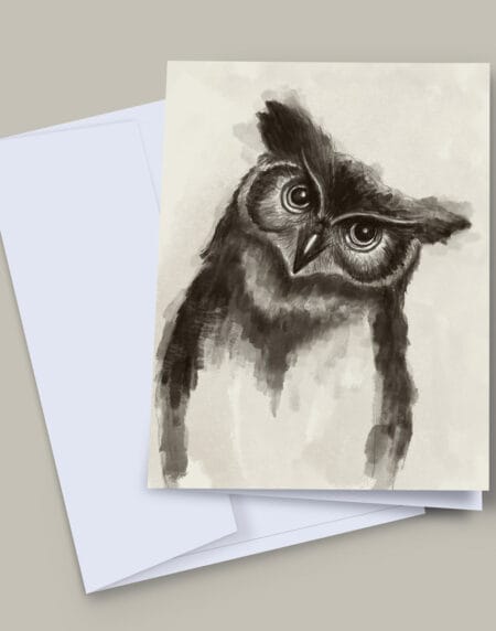 a hand-illustrated image of an owl tilting to the right, done in neutral greys and beiges