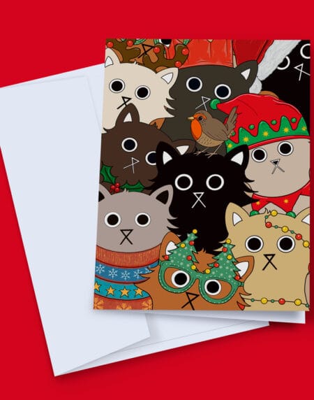 Hand illustrated Christmas card 'Feline Festive' card! Featuring quirky cats in Christmas gear