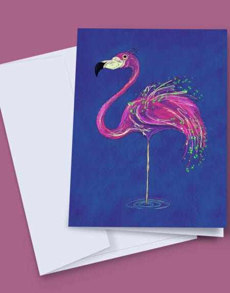 a hand-illustrated flamingo standing on one leg, done in brights pinks, blues and greens
