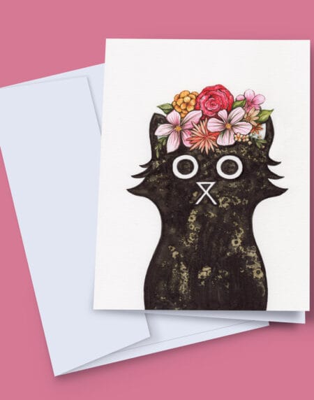 Greeting card of Frida cat, hand illustrated cat with a flower hat