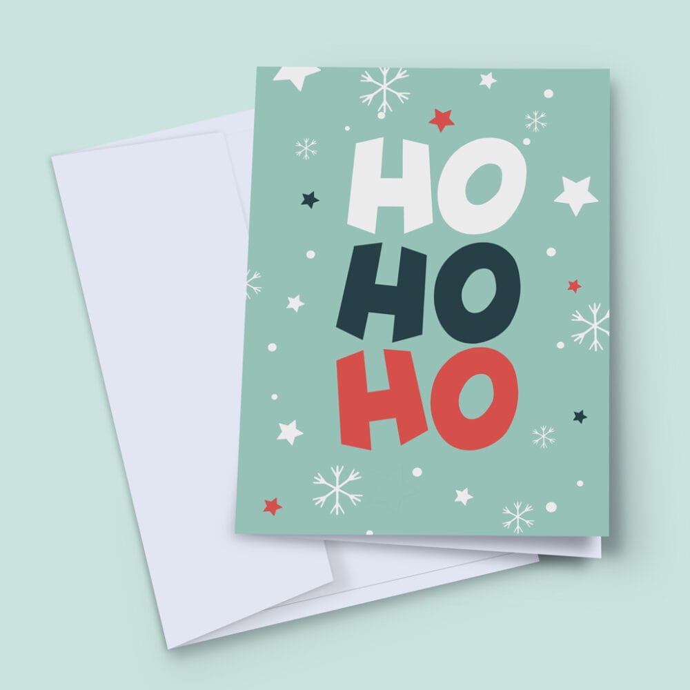 Ho Ho Ho Christmas typographic card in dark green, teal, white and red
