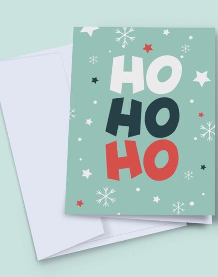 Ho Ho Ho Christmas typographic card in dark green, teal, white and red