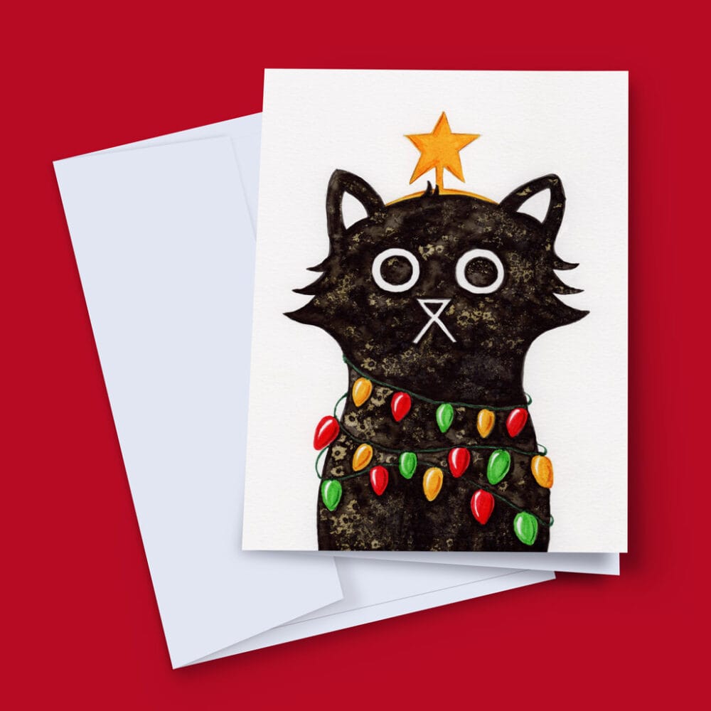 hand-illustrated salt and ink Christmas cat wrapped in Christmas lights, wearing a star on his head