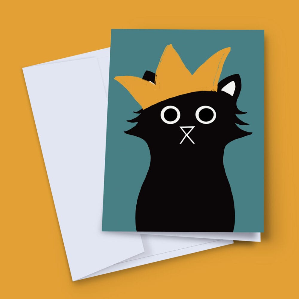 hand-illustrated greeting card of a black cat with a gold crown, for charity LICK