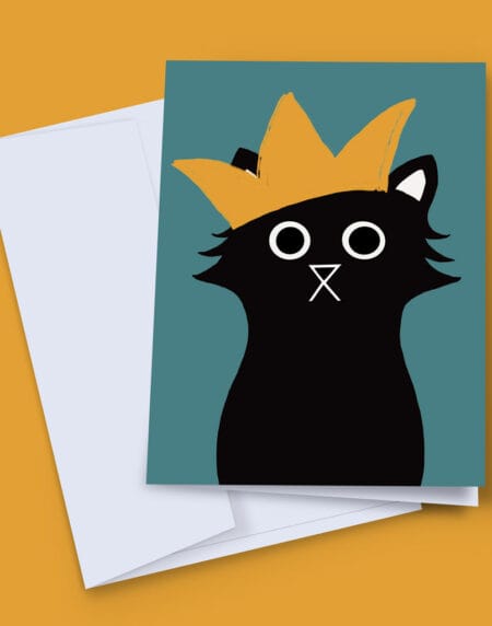 hand-illustrated greeting card of a black cat with a gold crown, for charity LICK