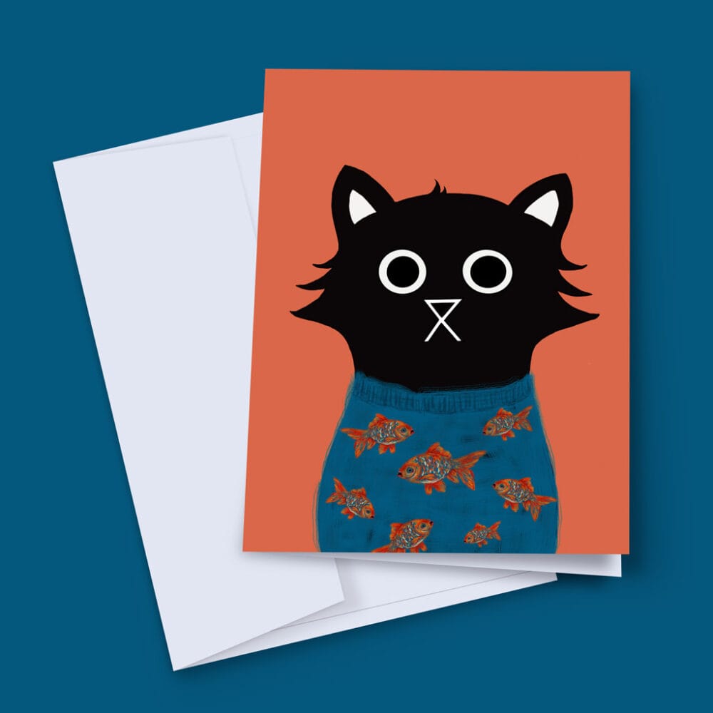 hand-illustrated greeting card of a black cat with a blue jumper that has fish on it, for charity LICK
