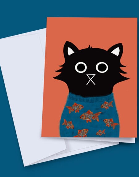 hand-illustrated greeting card of a black cat with a blue jumper that has fish on it, for charity LICK