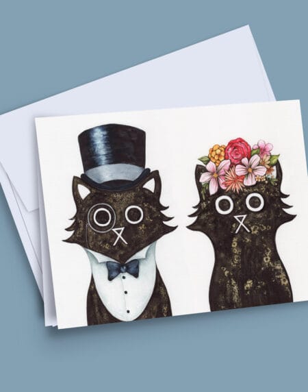 a salt and ink illustrated cat couple, lord wearing top hat and bow tie, lady wearing a floral hat