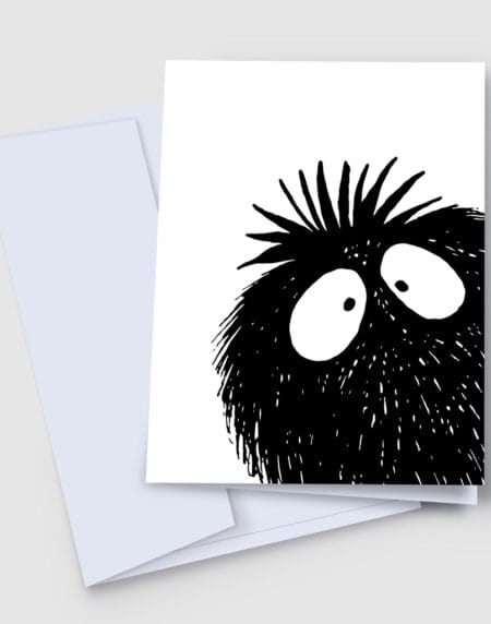 A 7x5 inch greeting card featuring a peekaboo monster, done in black and white, peeking in from the bottom right corner