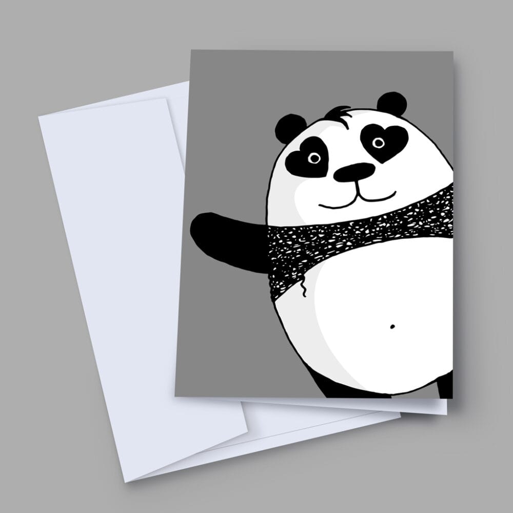 A 7x5 inch greeting card with hand-drawn black and white panda, with hearts for eyes, appearing from the bottom right corner