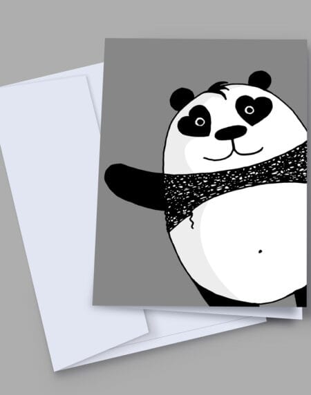 A 7x5 inch greeting card with hand-drawn black and white panda, with hearts for eyes, appearing from the bottom right corner