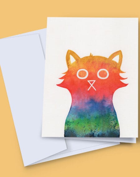 Greeting card of the positivity cat, in rainbow colours