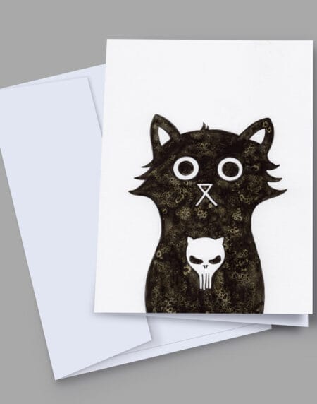 A 7x5 inch greeting card featuring an ink and salt black cat illustration with the Punisher's skull on his chest