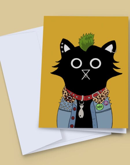 Hand illustrated black cat greeting card, with the cat being a Punk, with green Mohawk and piercings wearing a denim jacket