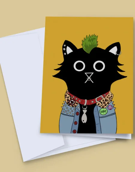 Hand illustrated black cat greeting card, with the cat being a Punk, with green Mohawk and piercings wearing a denim jacket