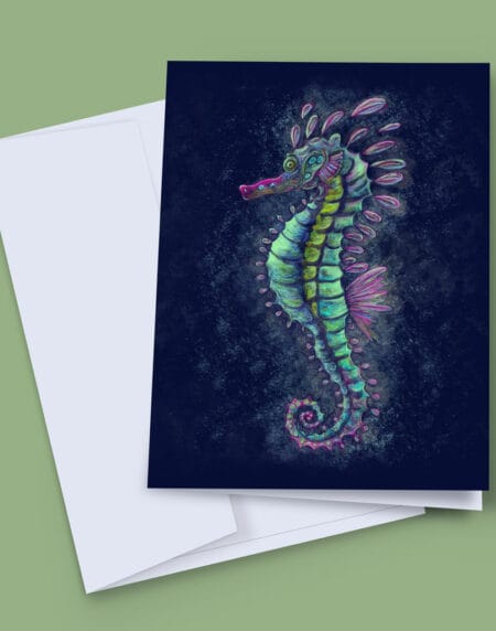 a hand-illustrated seahorse created in vibrant greens, pinks and blues