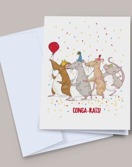 Hand-illustrated greeting card 'Conga-rats!'. Featuring party rats dancing in a conga line, with confetti behind them