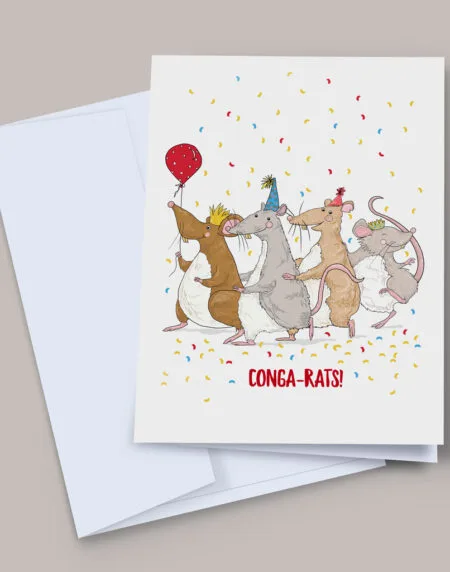 Hand-illustrated greeting card 'Conga-rats!'. Featuring party rats dancing in a conga line, with confetti behind them
