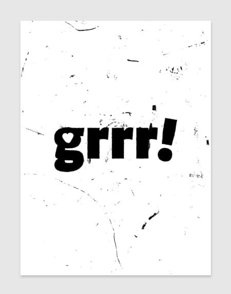 a typographic illustration print, saying grrr, with a heart in the negative space of the g