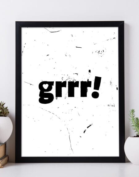 a typographic illustration print, saying grrr, with a heart in the negative space of the g