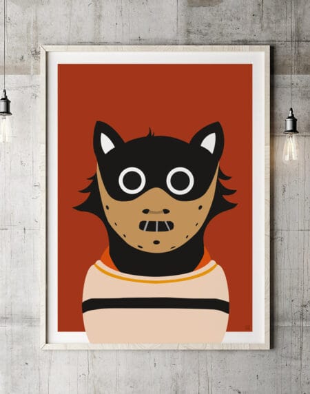 tongue in cheek vector illustration of a cat depicted as Hannibal Lecter from the Silence of the Lambs, wearing a mask