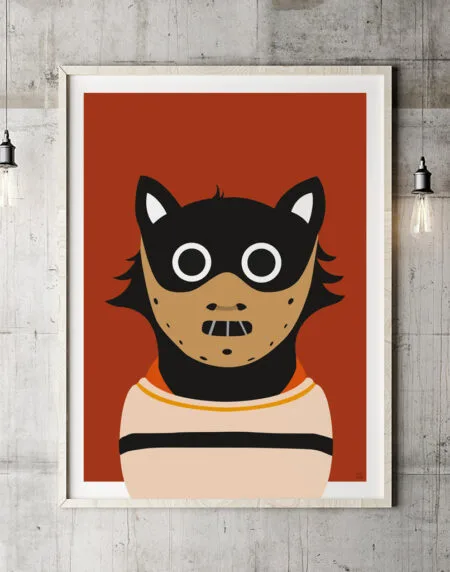 tongue in cheek vector illustration of a cat depicted as Hannibal Lecter from the Silence of the Lambs, wearing a mask