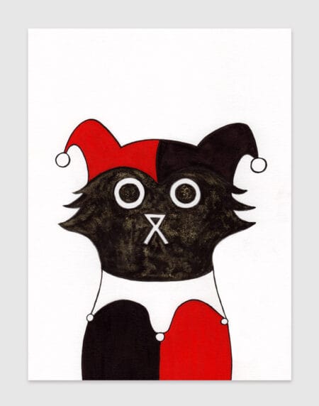 hand-drawn salt and ink illustration print, depicting a cute cat dressed as Harley Quinn in red and black