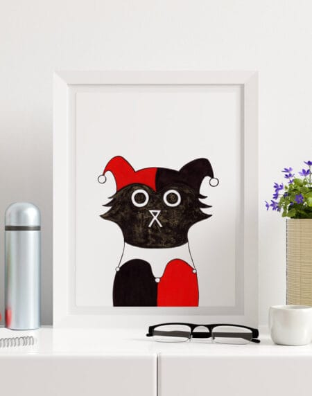 hand-drawn salt and ink illustration print, depicting a cute cat dressed as Harley Quinn in red and black
