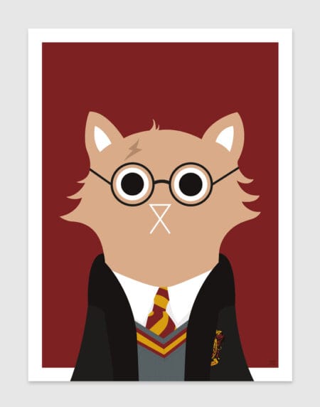 tongue in cheek vector illustration of a cat depicted as Harry Potter, wearing his school uniform