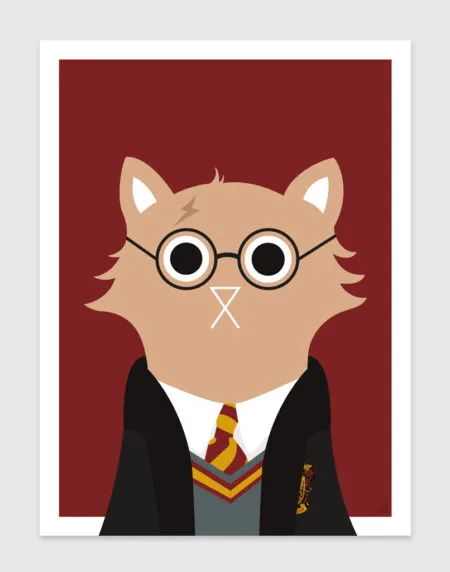tongue in cheek vector illustration of a cat depicted as Harry Potter, wearing his school uniform