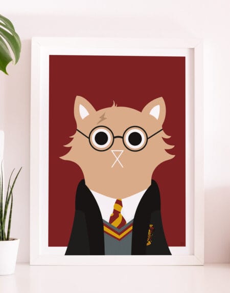 Wizard Cat Art. A tongue in cheek illustration of a cat depicted as Harry Potter, wearing his school uniform