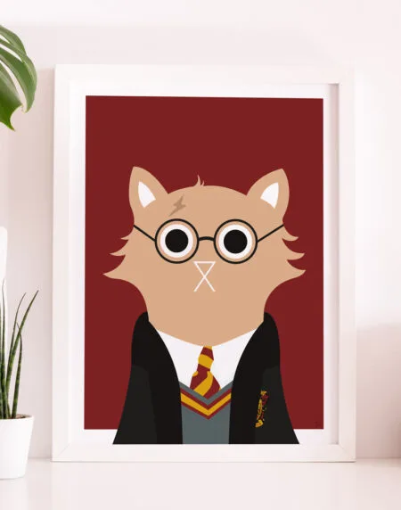 Wizard Cat Art. A tongue in cheek illustration of a cat depicted as Harry Potter, wearing his school uniform