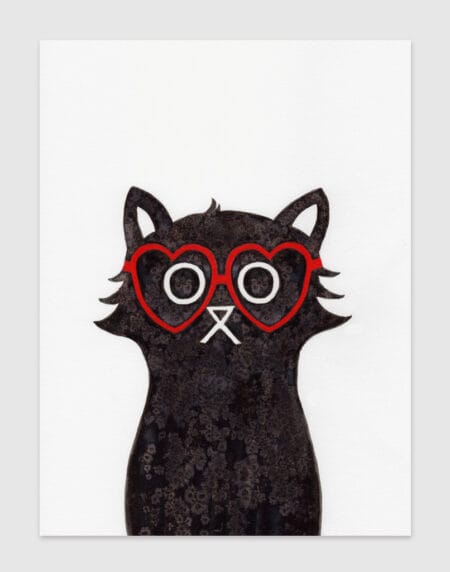 a salt and ink illustrated cat that's wearing red glasses in the shape of a heart